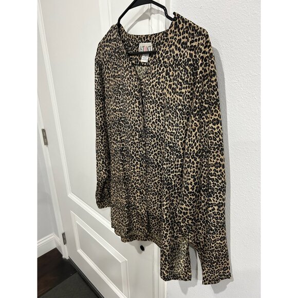 Vintage Stunt Silk Leopard Print Blouse Brown Black Sz Medium Button Front Retro - Picture 3 of 9